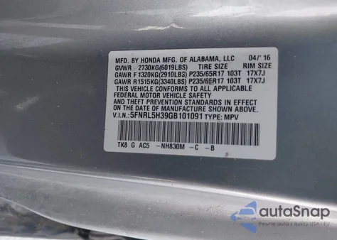 2016 Honda Odyssey Se из США, поврежденный, VIN 5FNRL5H39GB101091